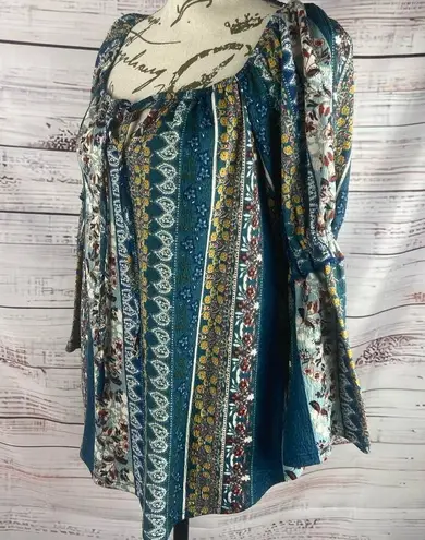 Chenault Boho Blouse Top Womens M Scoop Tie Neck Bell Sleeves Paisley Colorful Size M