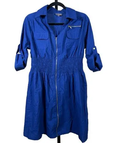 Royal Blue Shirt Dress Zip Front Utility Style 3/4 Sleeve Cinched Waist Large