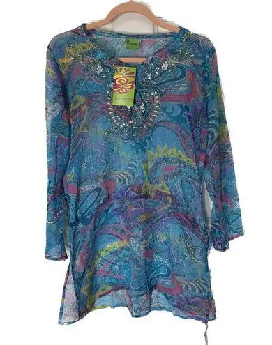 Resort Boho Cleopatra Beach Cover Up Vibrant Semi Sheer Small NWT Swimwear Blue