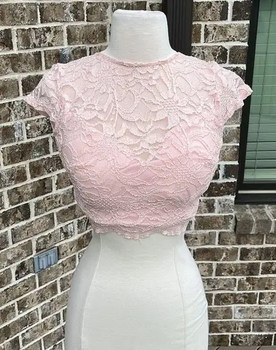 B Darlin  Lace Top Criss Cross Open Back Sash Tie Peach Womens 1/2 Romantic Lace