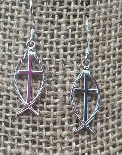 Sterling Silver Ichthys Cross Dangle Earrings Diamond Cut Hook 1.25" 1.74g