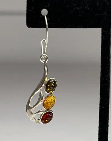 Amber Sterling Silver 925 Drop Earrings Jewelry With Multicolor Oval Cabochons