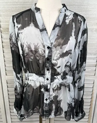 Arden B Black & Gray Sheer Abstract Print Y2K Blouse with Mesh Accents-Large