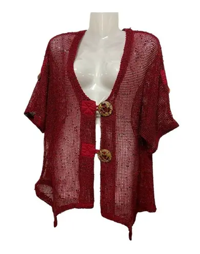 Katie Todd Cardigan Sweater M Medium Lagenlook Boxy Asymmetric Hem Open Knit Art Red