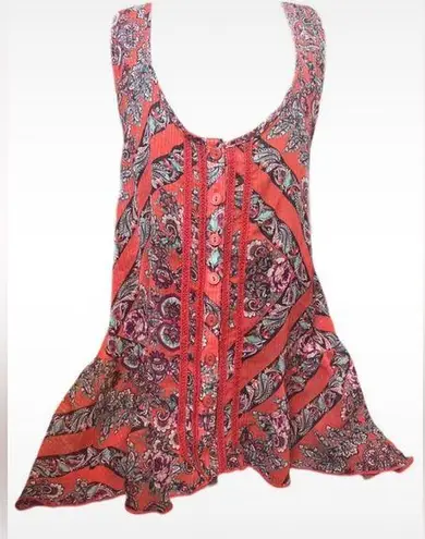 love on a hanger Sheer Red Bohemian Paisley Button Down Racerback Tank Top Small