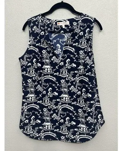 Jude Connally Ali Tank Top Large Chinoiserie Navy Sleeveless Non Wrinkle Stretch Blue