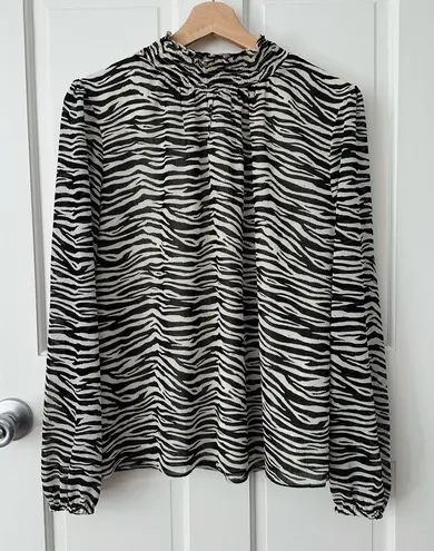 J. Crew Zebra Print Long Sleeve Mock Neck Blouse Ivory Black Lined Size M Size M