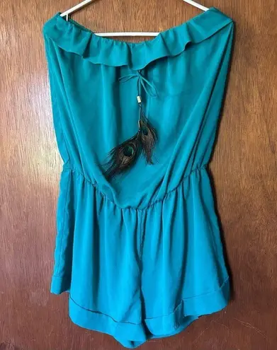 Gracia Garcia blue peacock feather bow strapless romper size L
