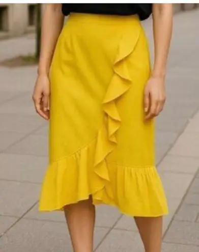 Boden Mustard Ruffle Hem Linen Faux Wrap Skirt Size 8 Preppy Classic Coastal Yellow