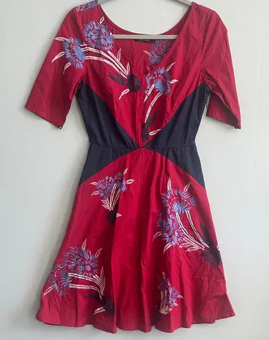 Eshakti Red Floral Embroidered Fit & Flare Cotton Spandex Midi Dress