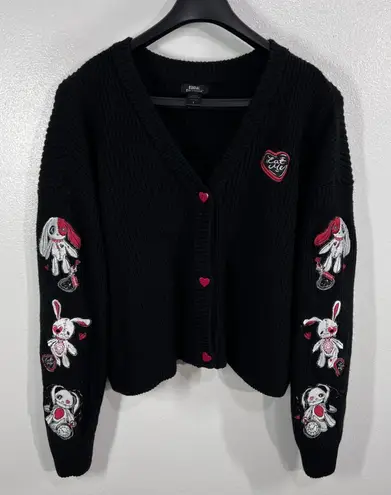 SocialCollision Eat Me Bunny Cardigan Black Embroidered Goth Grunge Knit Sweater Size M