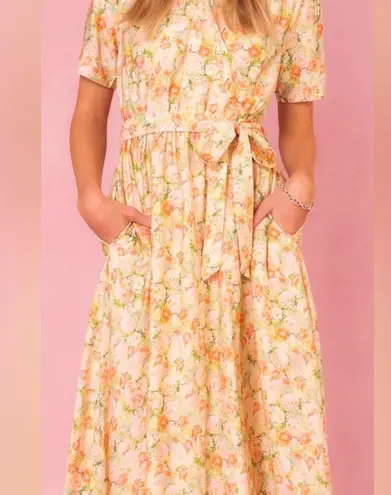 Ivy City Co faux wrap Lyra Midi Dress Yellow Floral Print Cottagecore size 2