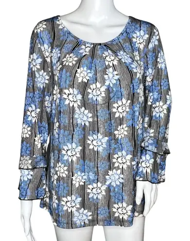 Karl Lagerfeld Shirt Women Medium Blue Floral Pleated Neck Blouse Career Casual