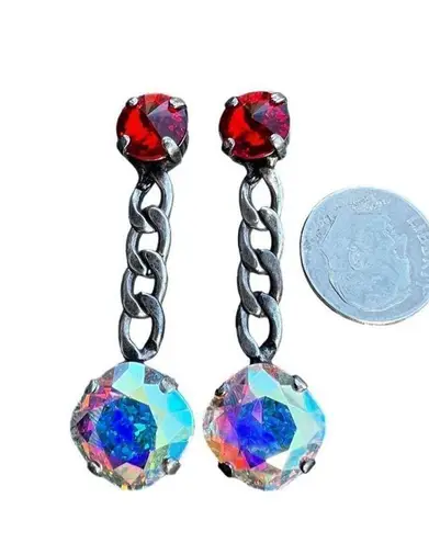 Handcrafted Earrings With Sparkly Red and AB Swarovski Crystals on a Chain Silver