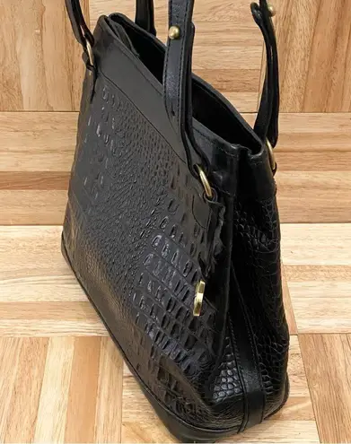 Brahmin Vintage Black Embossed Croc Leather Double Strap Bucket Shoulder Bag