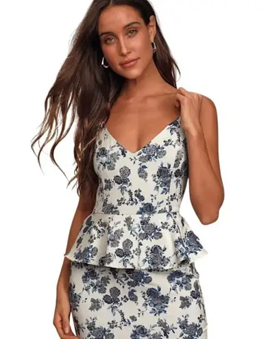 En Saison A Sight To See Peplum Midi Dress Womens L Navy Blue Floral Jacquard White Size L