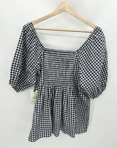 Time And Tru  Top Women 0X NWT Navy Blue White Gingham Short Sleeve Sweetheart