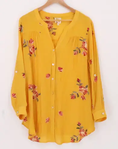 Fig and Flower Anthropologie Mustard Yellow Embroidered Button Top Plus Size 1X