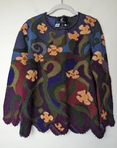 Peruvian Connection Purple Crewneck Floral Alpaca Sweater Fun Funky Art-Wear