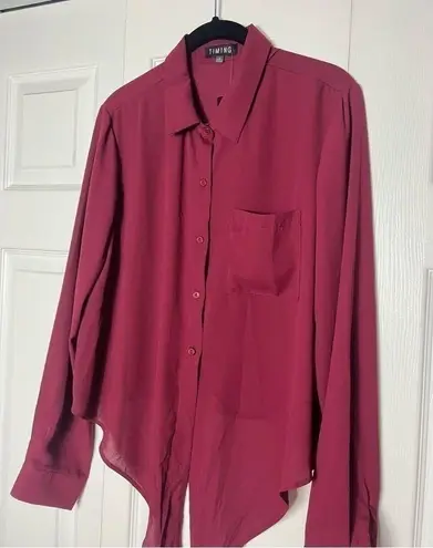 Timing  Inc Burgundy Wine Red Woven Tie Waist Blouse Size Large Chest Pocket