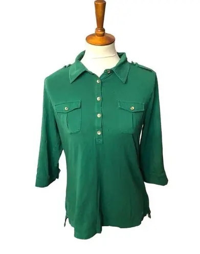 Tommy Hilfiger  forest green 3/4 button crown collared with gold accent buttons s