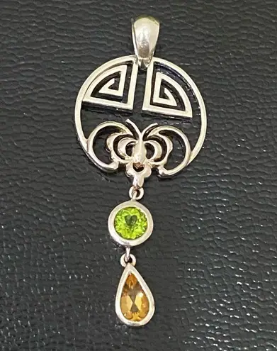 Sterling Silver Vintage 925 Peridot Citrine Geometric Celtic Dangle Pendant 7.9g