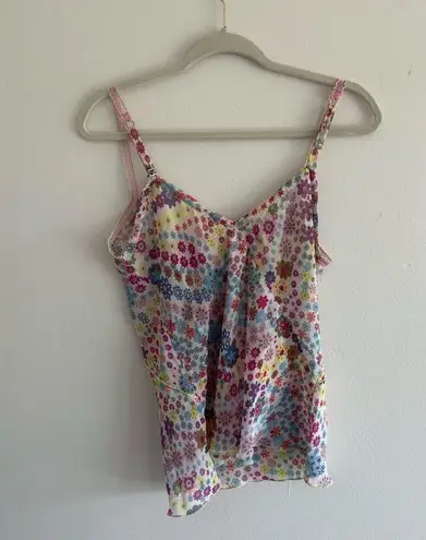 Natori Josie  M Floral Y2K Sheer V Neck Top