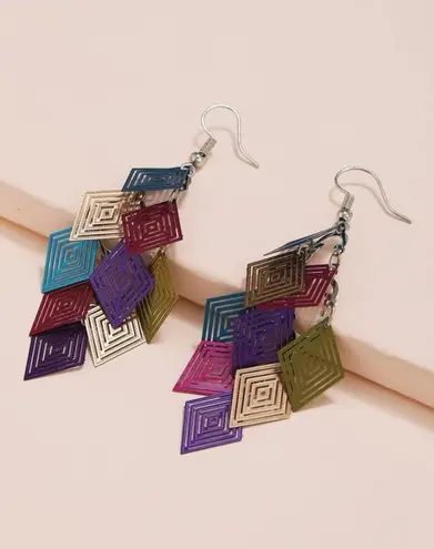 Pair of geometric drop earrings, colorful, pink, teal, purple Multiple