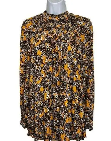 Free People  Yellow  Flowers In Her Hair Smocked Rayon Tunic/Mini Dress XS