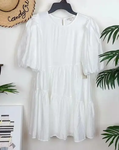 Moon River Bubble Sleeve Tiered Mini Dress in White