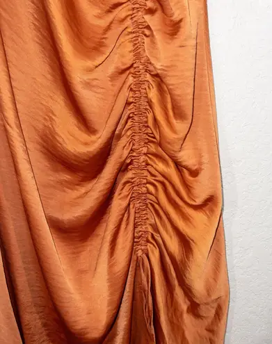 House of Harlow 1960 Auburn Orange Satin Side Ruched Midi Dress Size Large