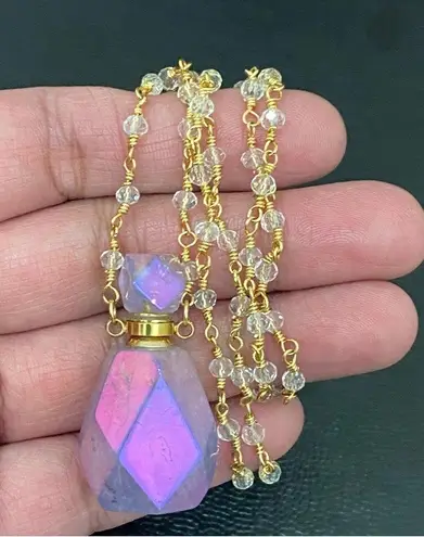 Aura Quartz Faceted Oil Perfume Bottle Pendant Beaded Necklace 20.9g