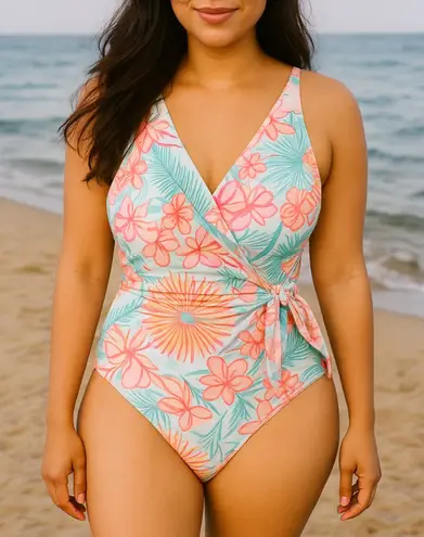 Member’s Mark One Piece Swimsuit Size Medium Floral Wrap Tie Front Pink