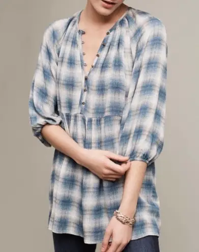 Maeve Anthropologie Cavalon Plaid Peplum Tunic Top Blue Size XSmall
