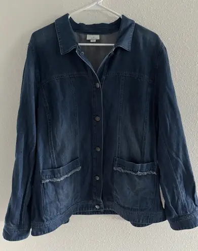J. Jill Denim Jacket Womens XL Blue Raw Hem Dark Jean Preppy Gorpcore Outdoor