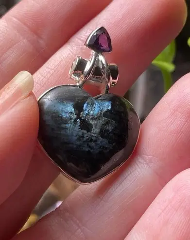 Amethyst Larvikite black Moonstone & Solid Sterling Silver Heart Pendant