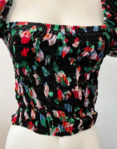 Open Edit soft crushed velvet smocked ruched front floral long sleeve crop top