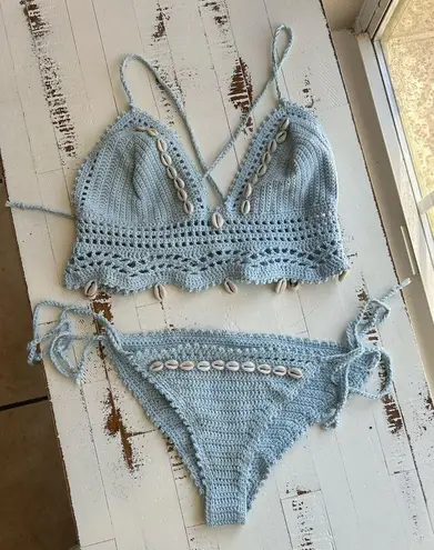 Crochet top and bottom baby blue with seashells bikini swim set Size undefined