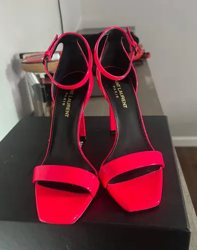 Saint Laurent amber patent leather hot pink neon square toe sandal heels 36.5