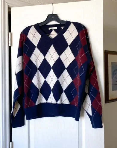 Doen Harlequin Cashmere Sweater Diamond Cream Navy Argyle Medium EUC Blue