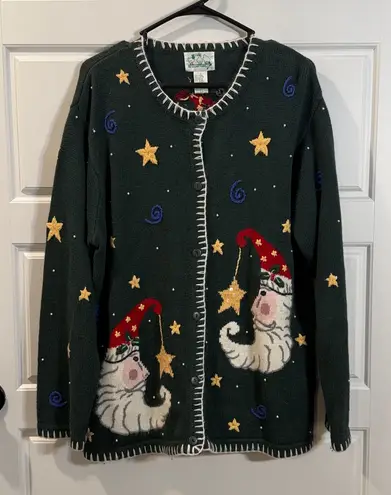 Quacker Factory VTG Women's  Christmas Moons Long Sleeve Button-Up Sweater Large thumbnail 1