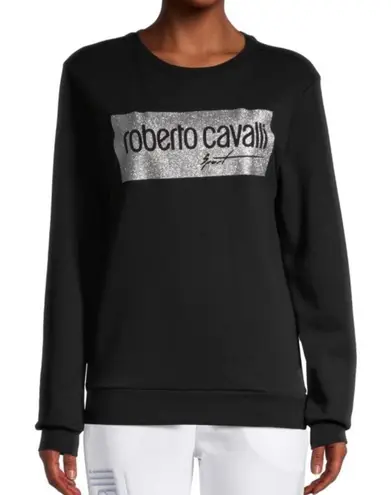 Roberto Cavalli Roberto Cavalli Sport Metallic Logo Pullover Crew Neck Black Sweatshirt- XS