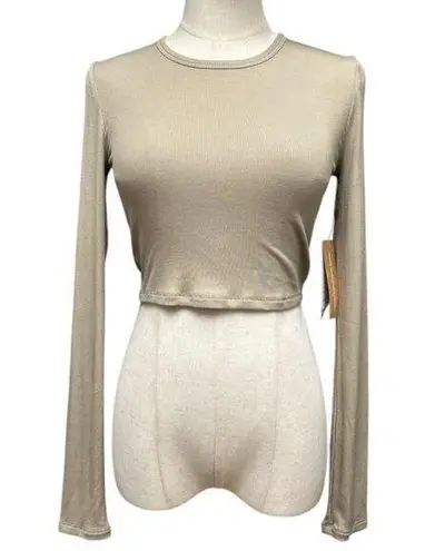 CAARA Size Small Khaki Weekend Cropped Longsleeve Minimalist Ribbed Modal Blend