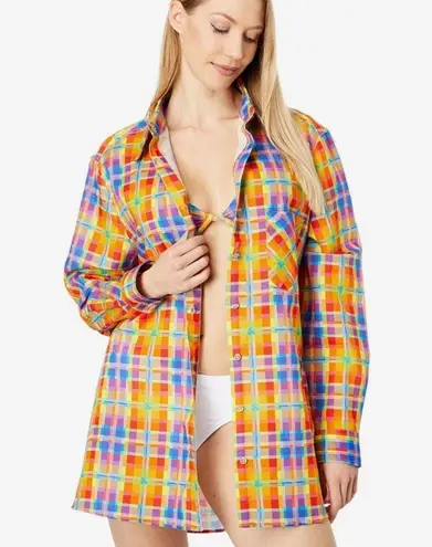 We Wore What NWT  Plaid Rainbow Dad Shirt Oversized Button Down Colorful Swim sz M