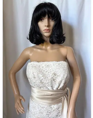 Dessy formal lace strapless bridesmaid dress long sash bow ivory 12 White