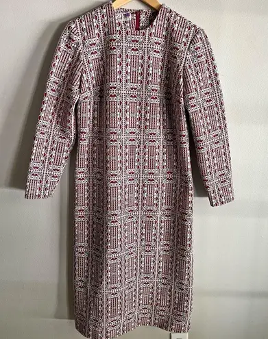 Vintage Stoner Square Geometric Knit Dress Red Gray White Tribal Mod Midi 70s