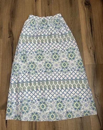 J. McLaughlin  Small Lanai Maxi Skirt Bamboo Blossom Cotton Silk Blend Blue White