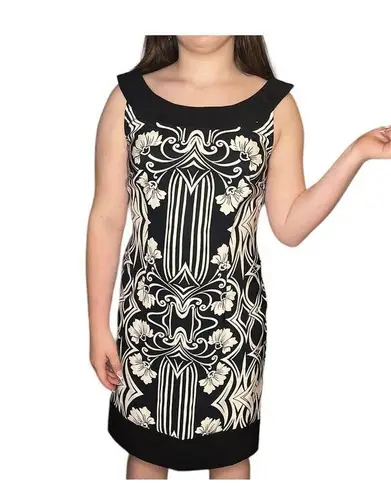 Connected Apparel Connected FLORAL MIDI Sheath DRESS Black & White Sleeveless Zip Women's Size 6