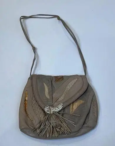 Sharif Crossbody Purse Snap Closure Tassel Leather Snakeskin EUC Gray Beige