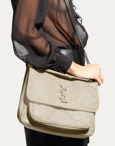 YSL Saint Laurent Niki Medium Flap Shoulder Bag in White Crinkled Leather